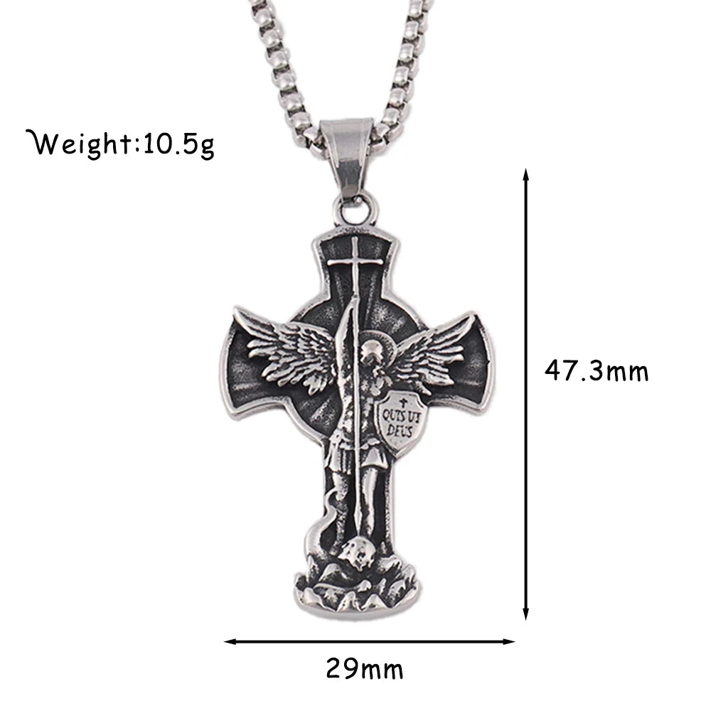 Retro Stainless Steel Saint Michael Pendant Chain Popular Charm Lucky Cross Necklace Amulet Jewelry Wholesale Man or Women Gift