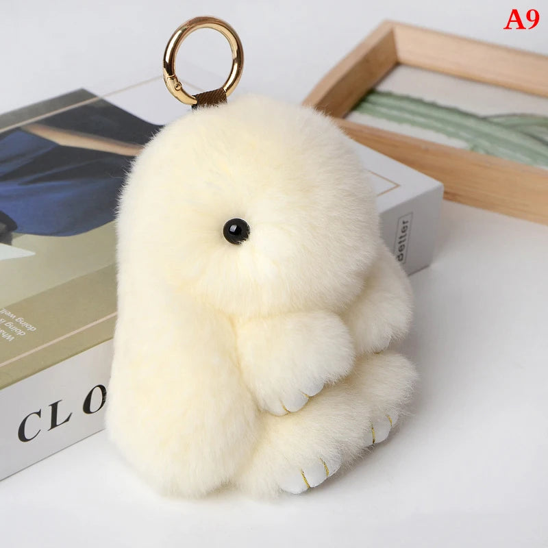 Rabbit Keychain Ring Fluffy Real Fur Pompon Bunny Trinket Key Chain Charm Cute Key Ring On Bag Car Key Pendant Beige