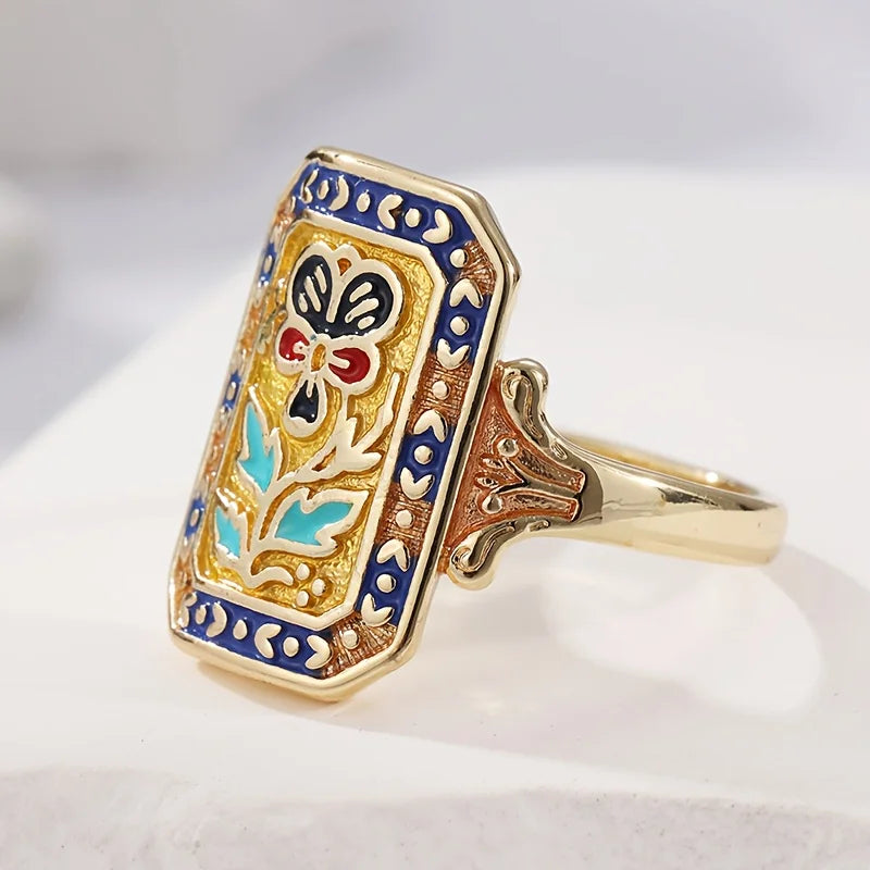 Bohemian Elegant Luxurious Retro Gold Color Artificial Enamel Flower Ring for Gift Giving Vacation Wear Christmas Accessory