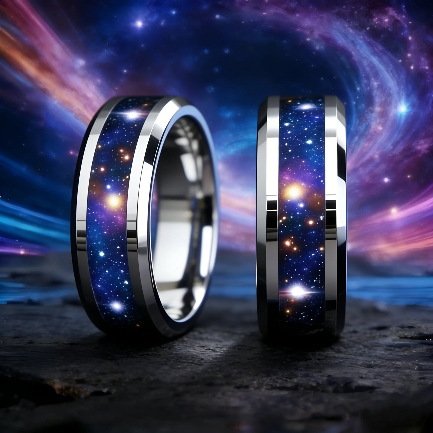 With Orion Nebula Opal Galaxy Starry Sky Design Ring Fashion 8mm Silver Color Men Stainless Steel Rings for Men Wedding Jewelry