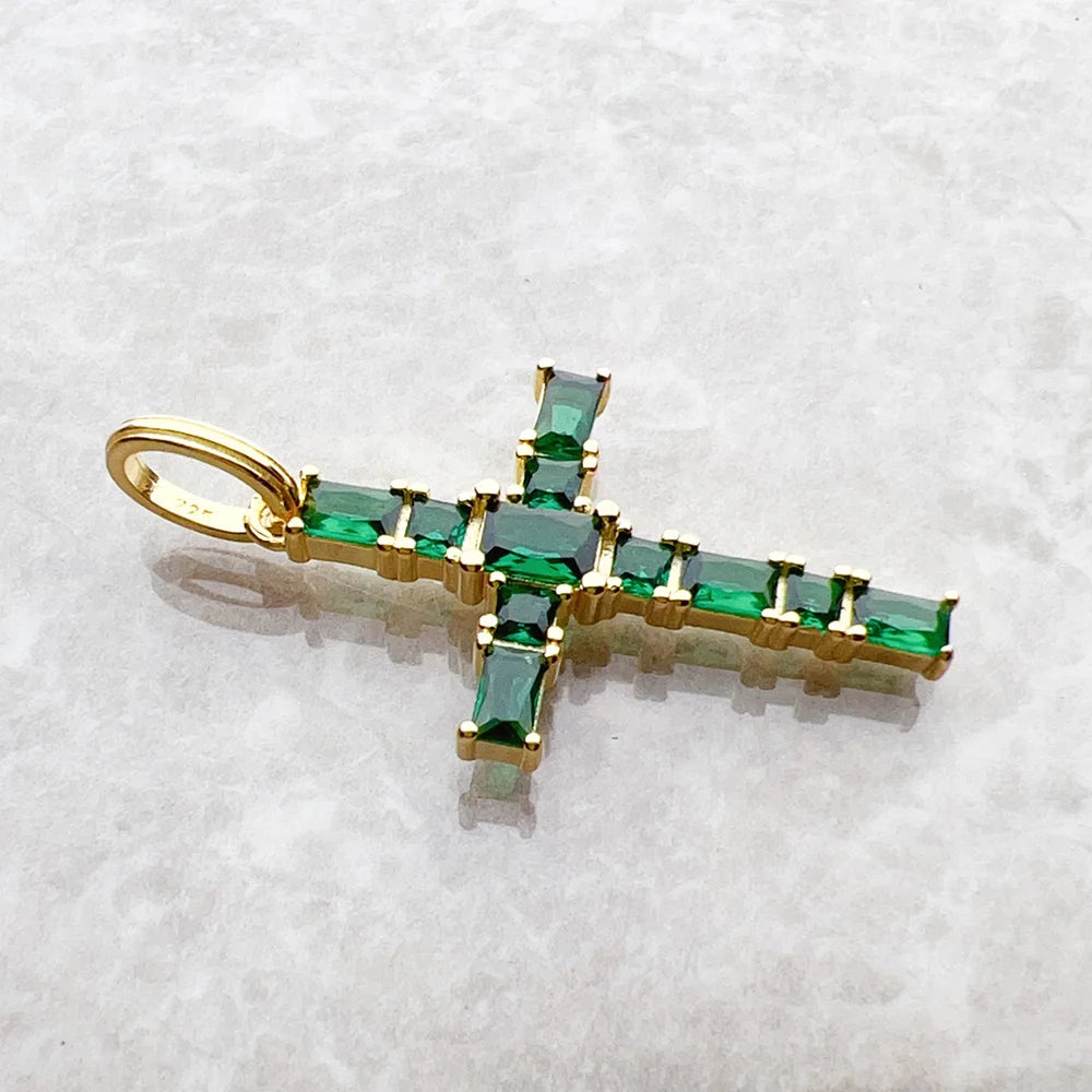 Gold Plated Cross Green Stones Pendant Brand New Fine Jewelry 925 Sterling Silver Accessories Stylish Gift For Woman