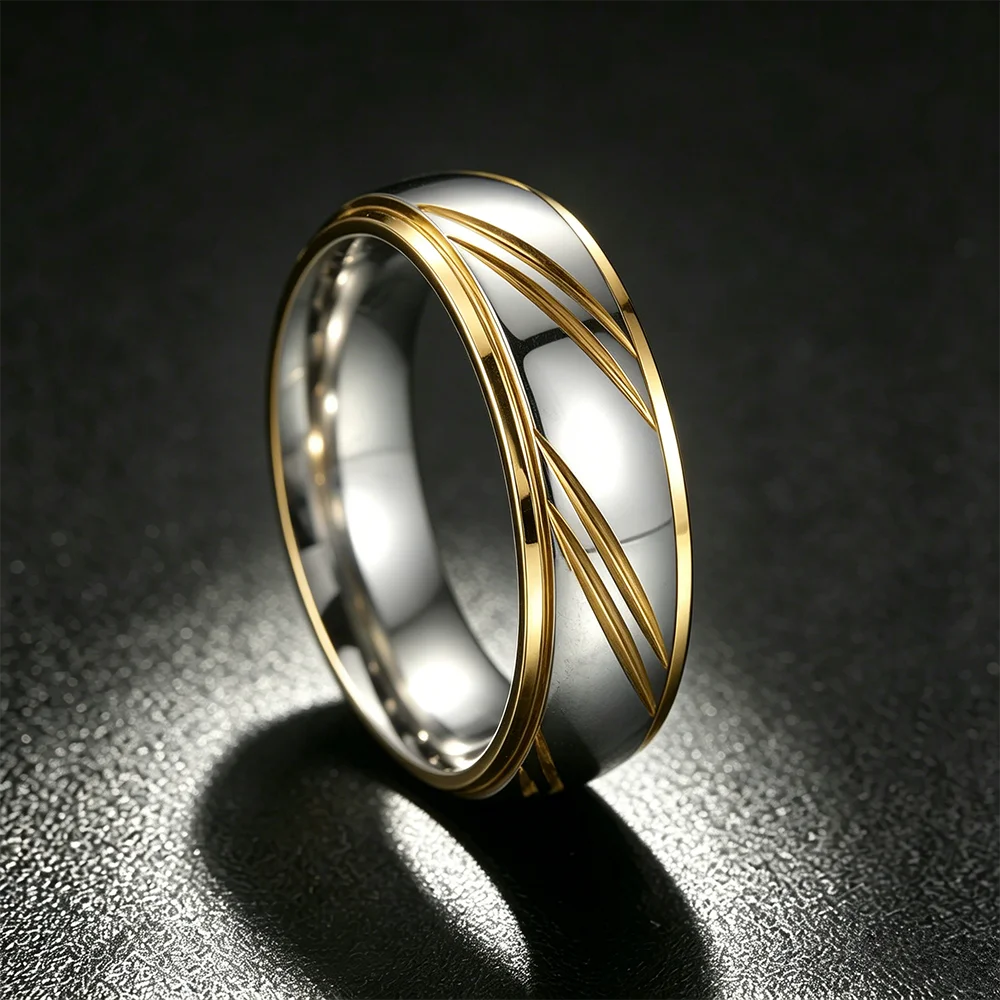 Trendy Stainless Steel Couple Rings For Men Women Unique Groove Wave Pattern Ring Wedding Party Jewelry Valentines Day Gifts