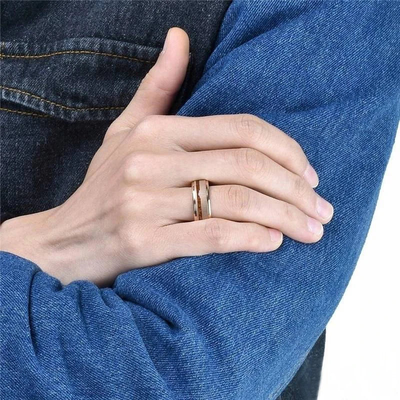 Fashion 8mm Men Stainless Steel Ring Rose Gold Color Brushed Wood Inlay Rings for Men Women Wedding Band Jewelry Birthday Gifts