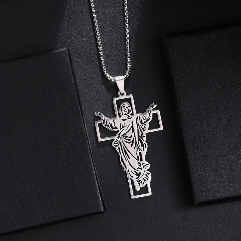 Stainless Steel Cross Letter Pendant Christian Savior Jesus Necklace Men and Women Religious Prayer Amulet Jewelry