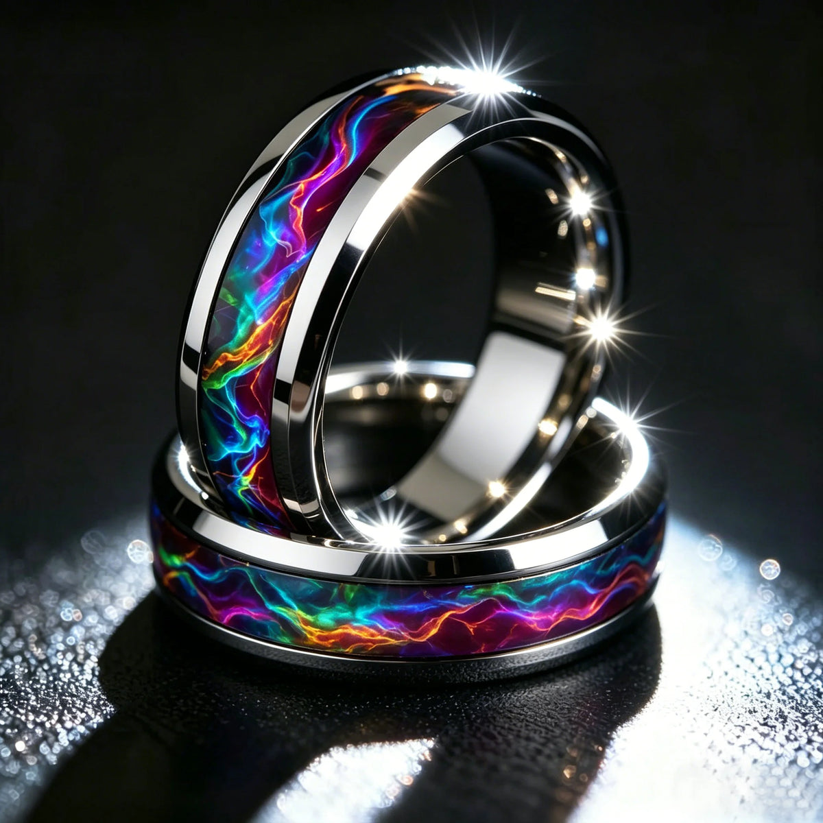 New Fashion Men's Colorful Aurora Galaxy Stainless Steel Ring, Polished Black Band, Punk Biker Jewelry, Cool Male Finger Ring