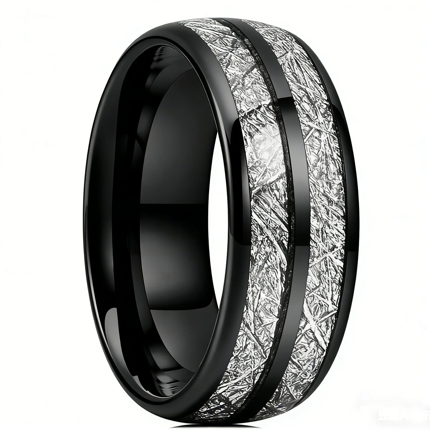 Fashion 8mm Black Color Stainless Steel Rings for Men Double Groove Meteorite Inlay Dome Men Finger Ring Wedding Band Jewelry