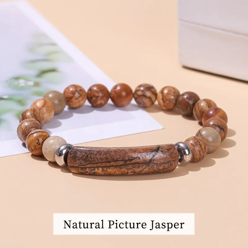 JD Natural Stone Tiger Eye Amethyst Rectangle Bar Charm Bracelet Women Men Healing Stone Powder Crystal Rough Chakra Jewelry