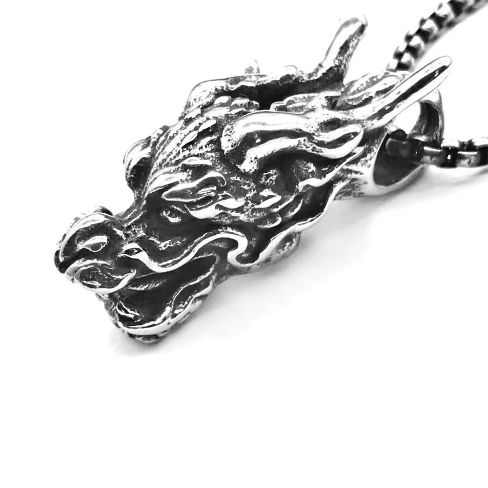 Classic Chinese Mythology Dragon Head Pendant Necklaces Men Stainless Steel Ethnic Accessories Charm Lucky Amulet Jewelry Gifts