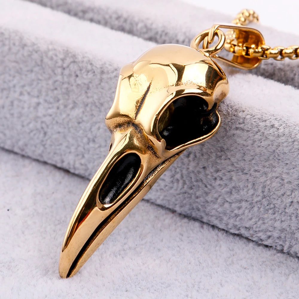 Vintage Nordic Viking Raven Head Bird Skull Pendant Necklace for Men Women Stainless Steel Punk Fashion Jewelry Gifts Wholesale