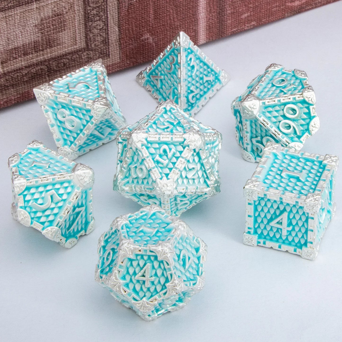 DND Metal Dice Set Dragon Scale Blood D&D Dice Dungeon and Dragon Role Playing Games Polyhedral Dice RPG D and D Dice Silver Blue