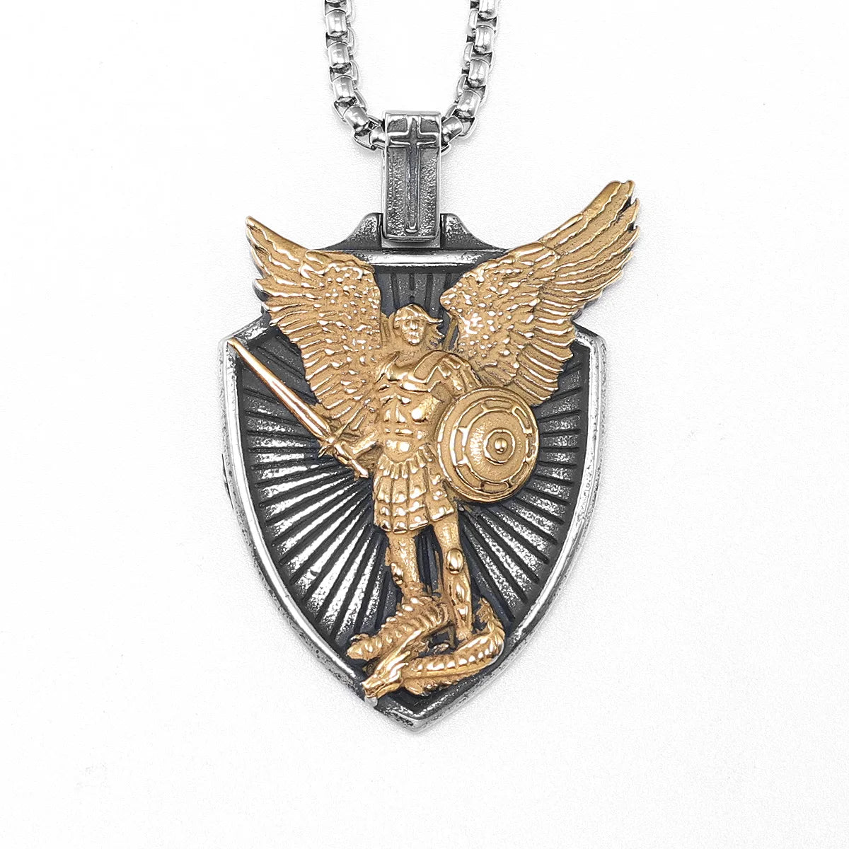 Archangel St.Michael Shield Amulet Exorcism Stainless Steel Men Necklaces Pendant Chain Punk For Women Fashion Jewelry Gifts