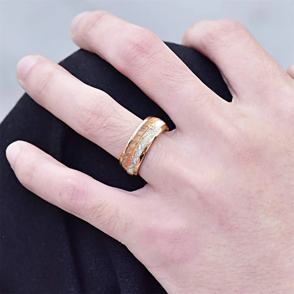 Fashion 8mm Men Stainless Steel Rings Rose Gold Color Brushed Deer Antler And Meteorite Arrow Rings for Men Wedding Band Jewelry