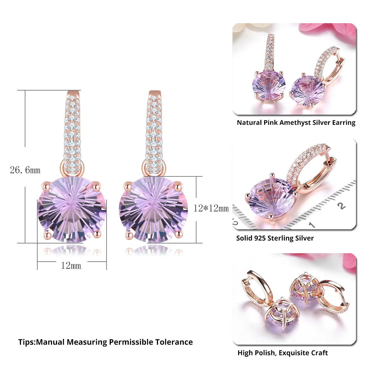 Natural Pink Amethyst Sterling Silver Drop Earring 12.8 Carats Genuine Gemstone Professional Firework Cutting Romantic Style