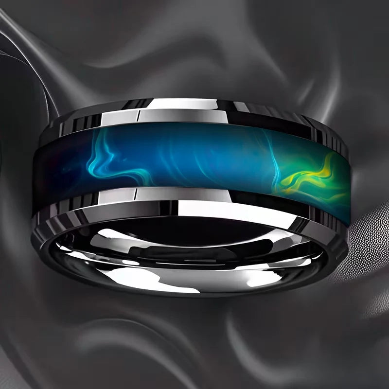 With Blue-Green Gradient Nebula Pattern Rings, 8mm Cosmic Starry Sky Stainless Steel Men Ring, Wedding Band Jewelry Drop Ship
