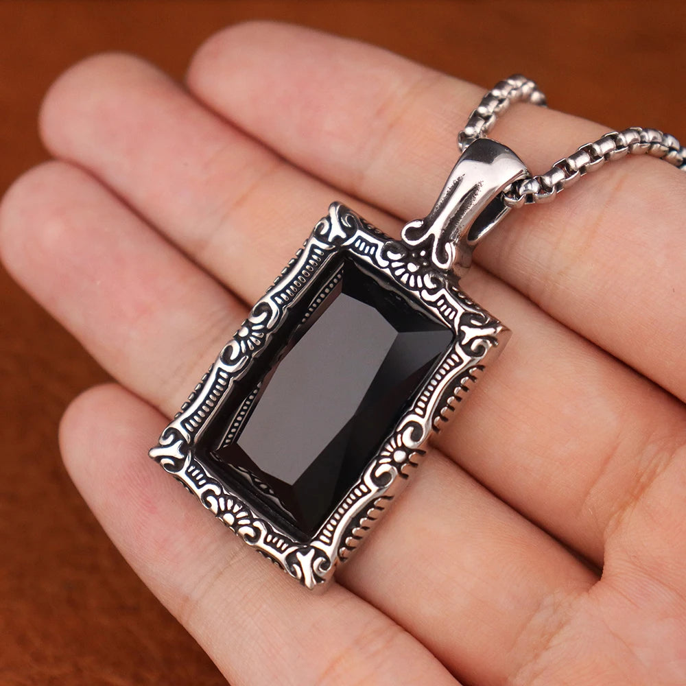 Fashion Popular Women Black Gemstone Necklaces Amulet Stainless Steel Classic Simple Party Pendant Chain Charm Jewelry