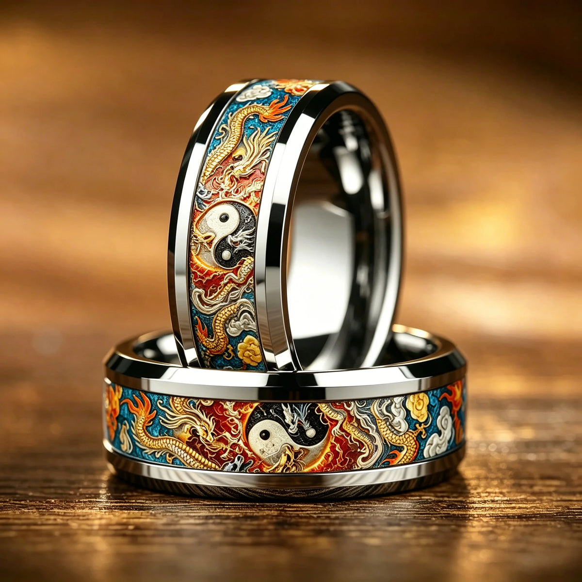 Vintage Dragon Yin Yang Tai Chi Cloud Flame Pattern Inlay Stainless Steel Rings for Men Women Lucky Totem Wedding Band Jewelry