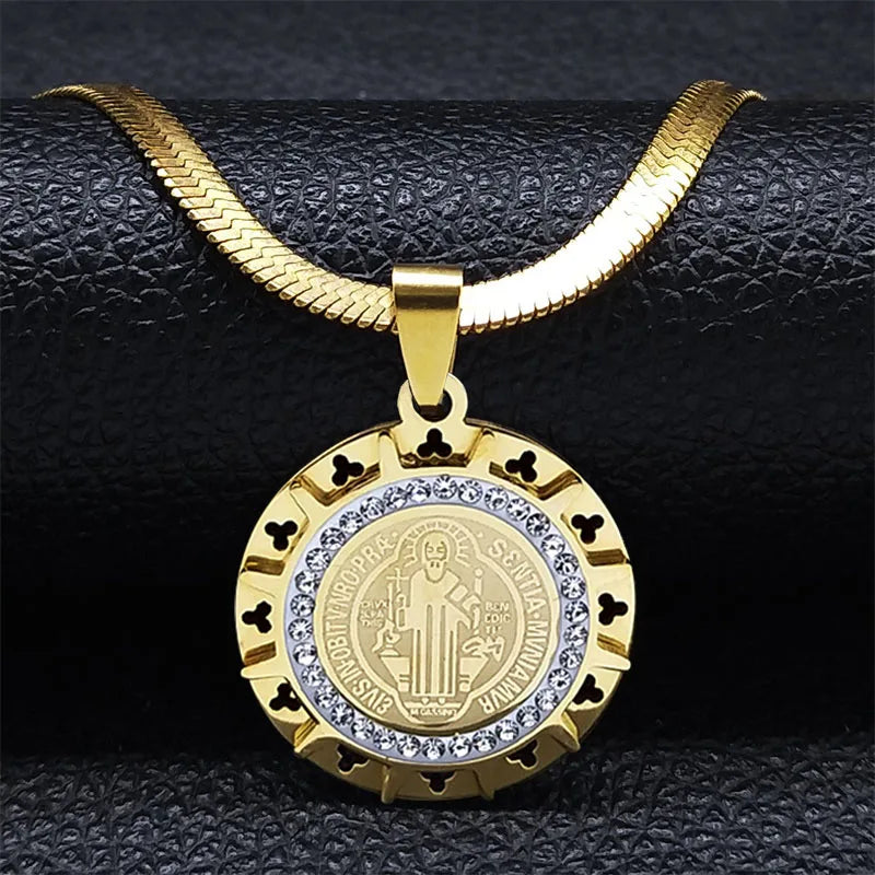 Hip Hop Saint Benedict Medallion Pendant Necklace Men Stainless Steel Snake Chain Choker Necklaces Jewelry San Benito Collares