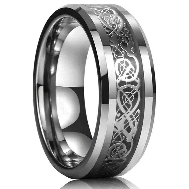 Fashion 8mm Men's Stainless Steel Celtic Dragon Ring Inlay Red Green Black Carbon Fiber Ring Wedding Band Charm Jewelry Gifts