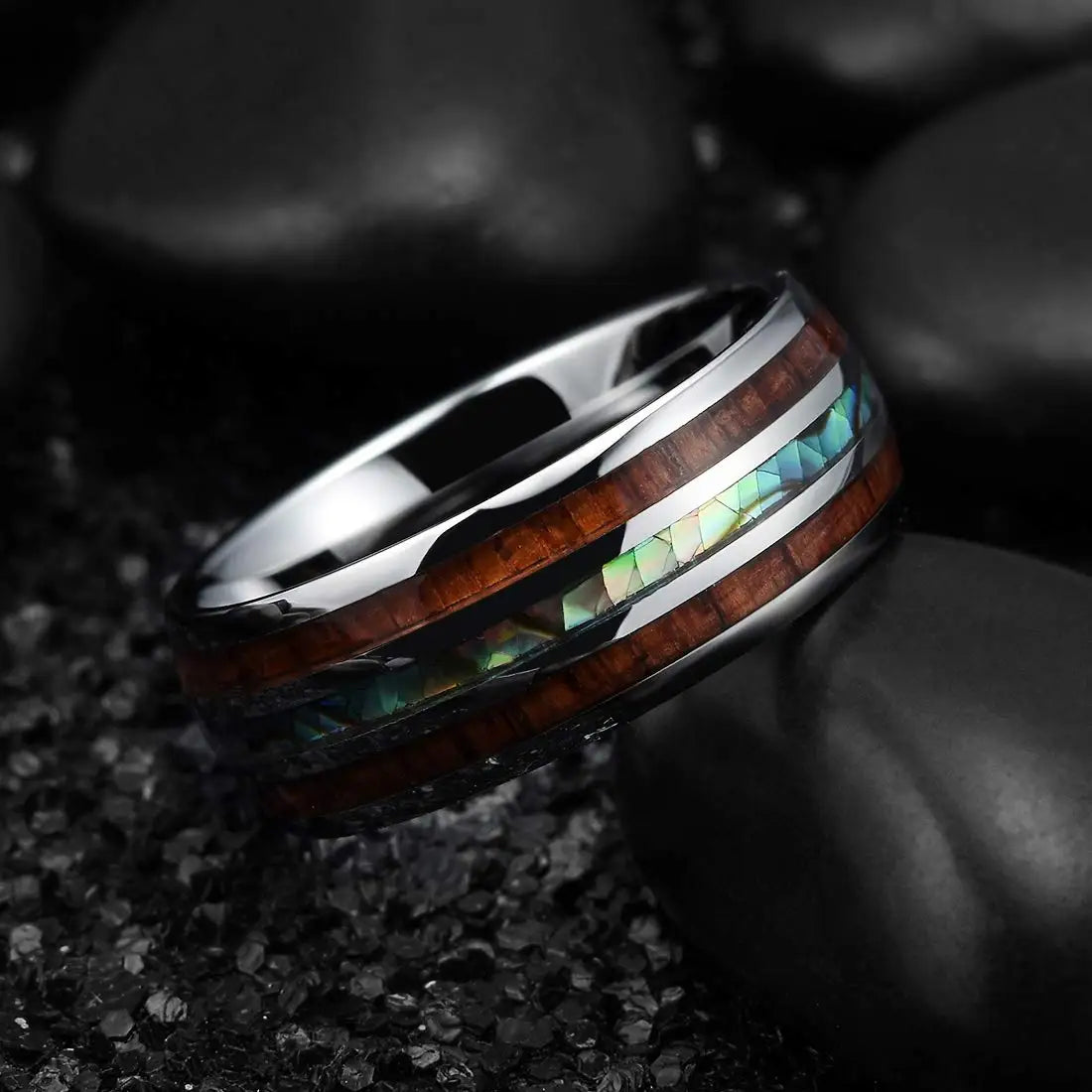 Fashion 8MM Rose Gold Color Stainless Steel Rings For Men Women Colorful Abalone Shell  Inlaid Men Rings Wedding Party Jewelry