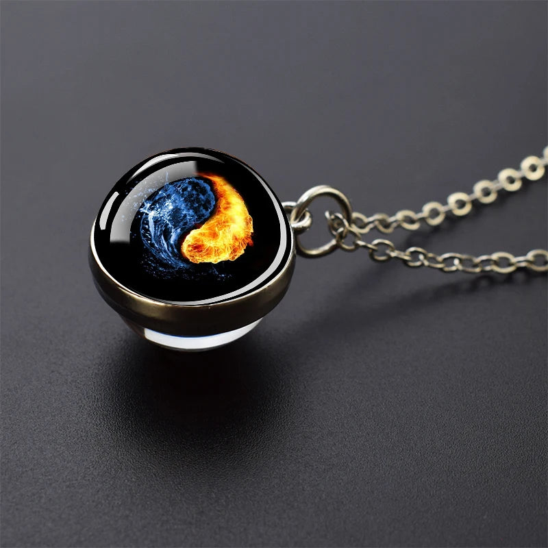 Ice and Fire Phoenix Yin Yang Aurora Necklaces Double Sided Glass Ball Pendant Fashion Chains Necklace Women Men Cool Jewelry