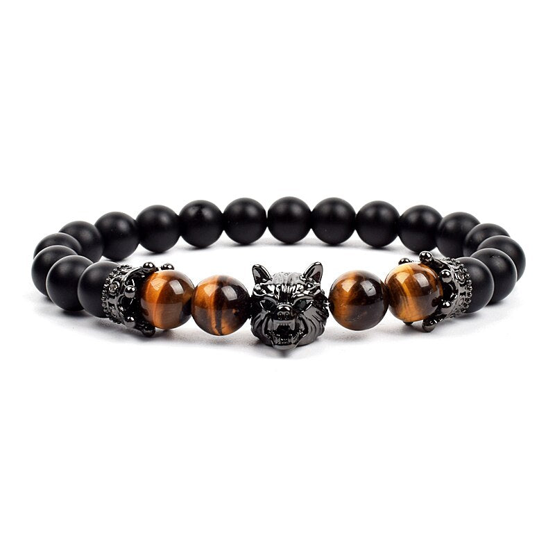 Wolf Charm Bracelets Men Natural Black Agates Onyx Stone Bracelet Brave Blue Tiger Eye Elastic 8 mm Beads Jewelry Beaded Pulsera Yellow tiger eye 4