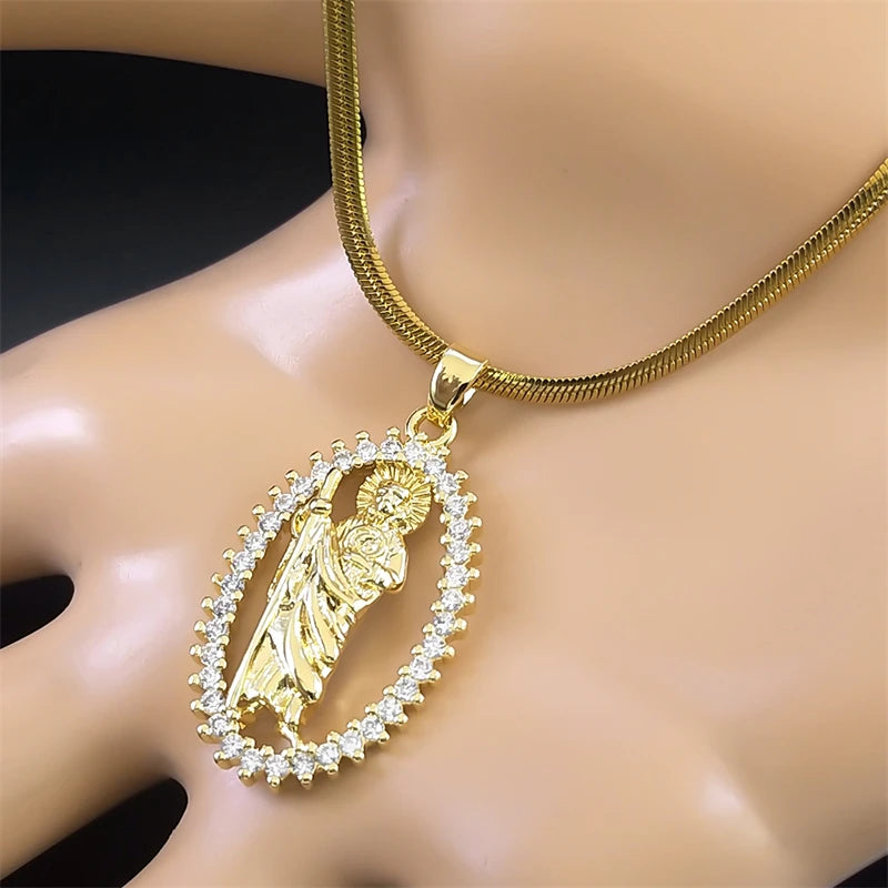 Saint St. Jude Thaddeus Zircon Shiny Necklace for Women Men Stainless Steel Gold Color San Judas Tadeo Necklaces Jewelry NGG43-4