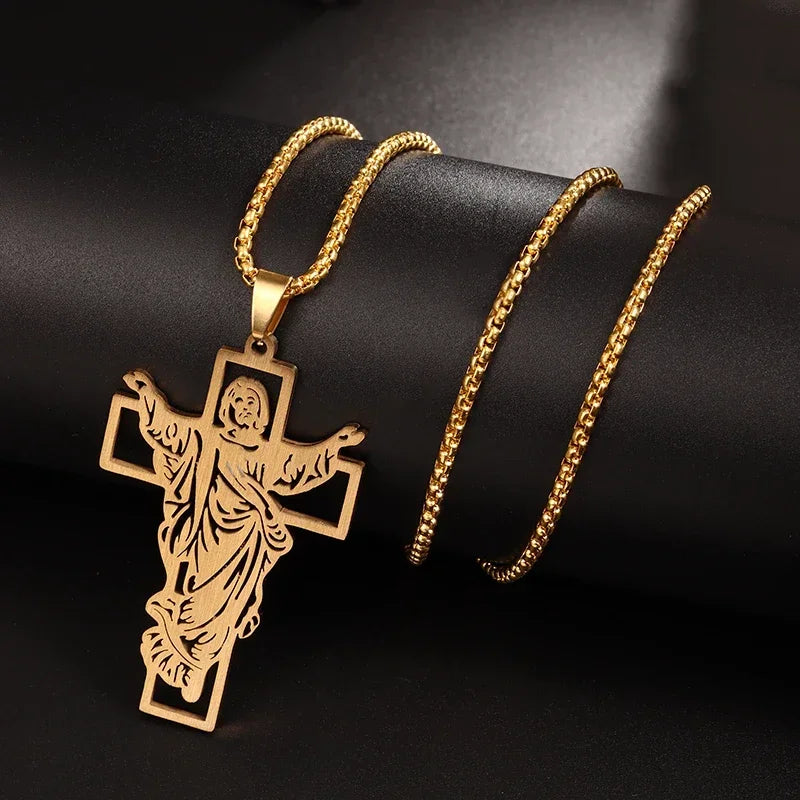 Stainless Steel Cross Letter Pendant Christian Savior Jesus Necklace Men and Women Religious Prayer Amulet Jewelry