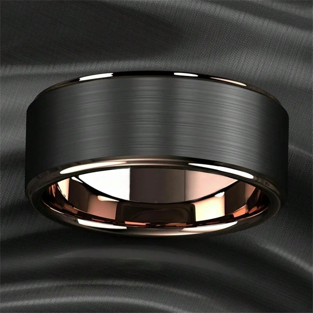 Fashion 8mm Black Brushed Stainless Steel Rings for Men Rose Gold Color Step Edge Men Promise Rings Wedding Party Jewelry Gifts