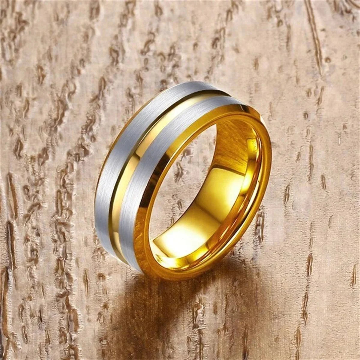Fashion Gold Color Stainless Steel Rings For Men Silver Color Brushed Beveled Edge Engagement Rings Men Wedding Band Jewelry