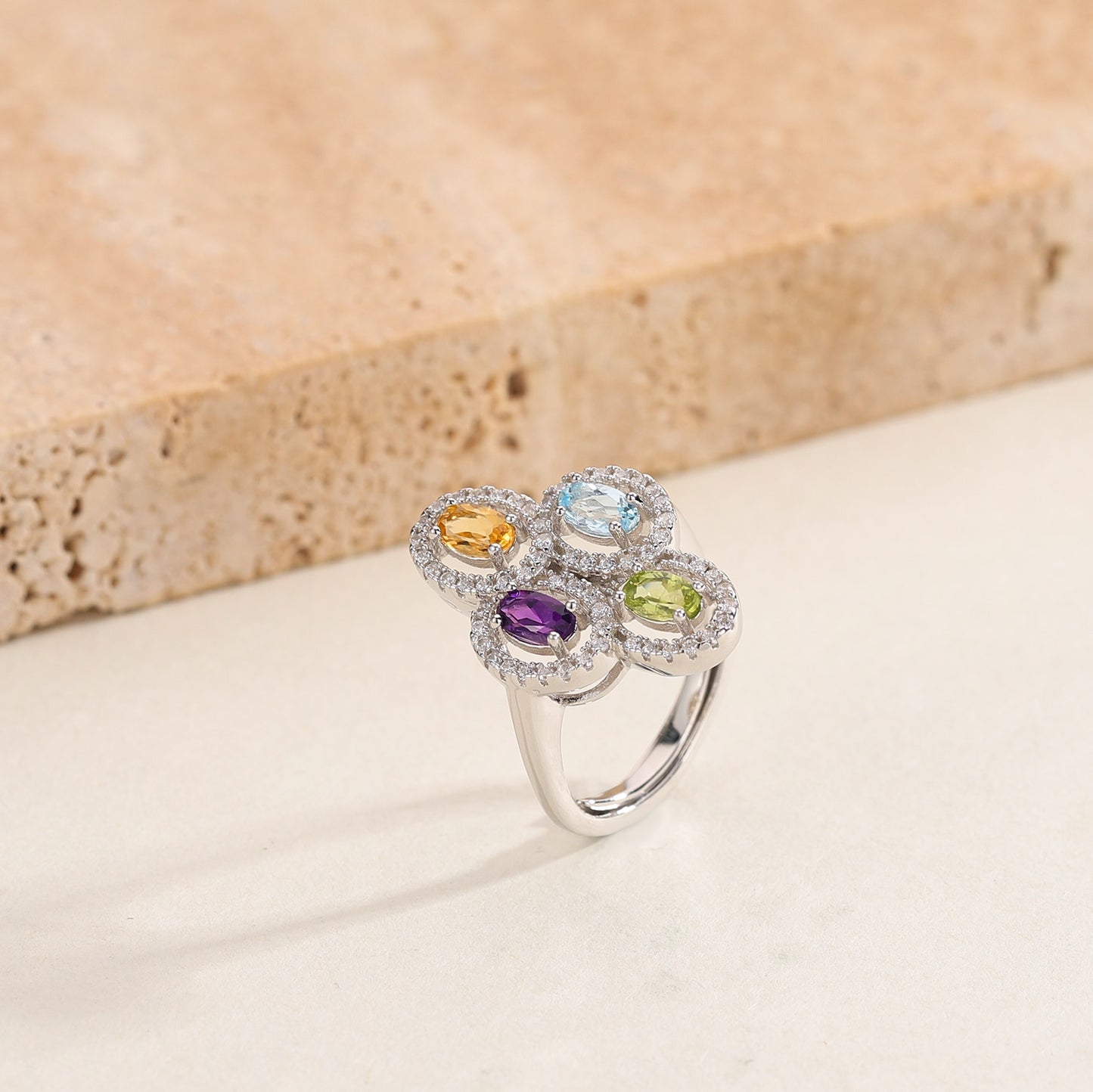 GEM&#39;S BALLET Clover Flower Ring Natural Amethyst Peridot Topaz Citrine Birthstone Ring in 925 Sterling Silver Gift For Her