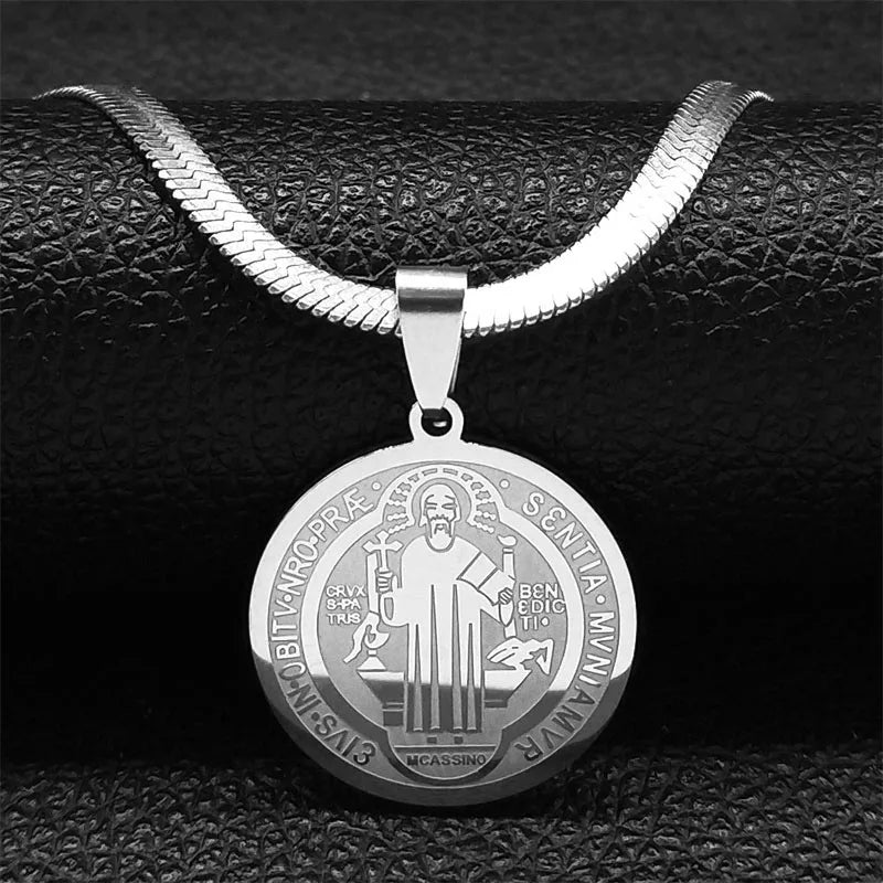 Hip Hop Saint Benedict Medallion Pendant Necklace Men Stainless Steel Snake Chain Choker Necklaces Jewelry San Benito Collares