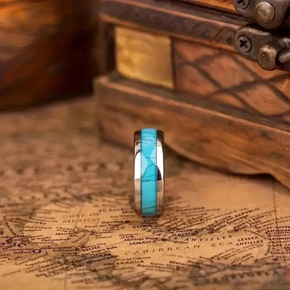 Hot Inlay Blue Turquoise Rings Fashion 8MM Men Stainless Steel Rings for Men Women Wedding Engagement Band Jewelry Gift Dropship