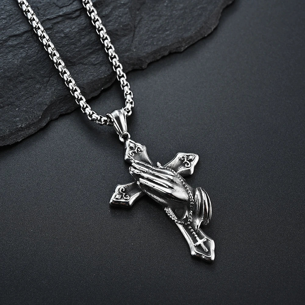 Vintage Praying Hands Cross Pendant Necklace hip-hop Stainless Steel Chain Neck Accessories Hip Hop Rock Jewelry 2025 Gifts