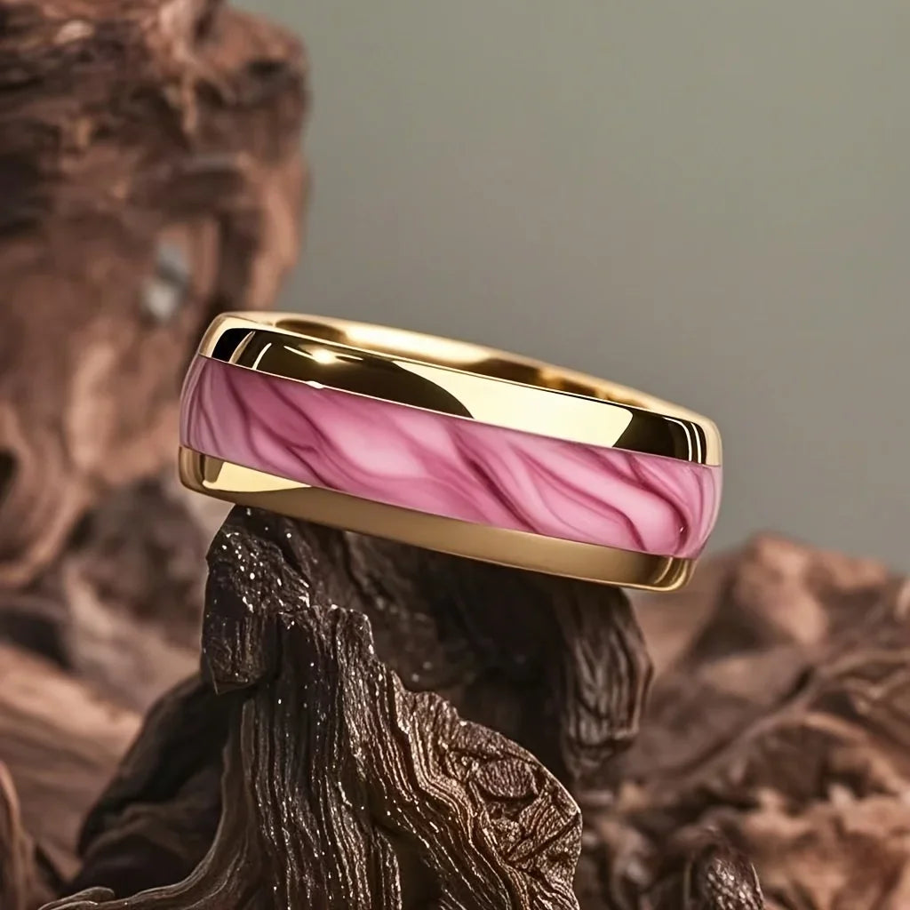 8MM Fashion Pink Abalone Shell Inlay Men's Ring Unique Gold Color Wedding Engagement Stainless Steel Rings Women Party Ring