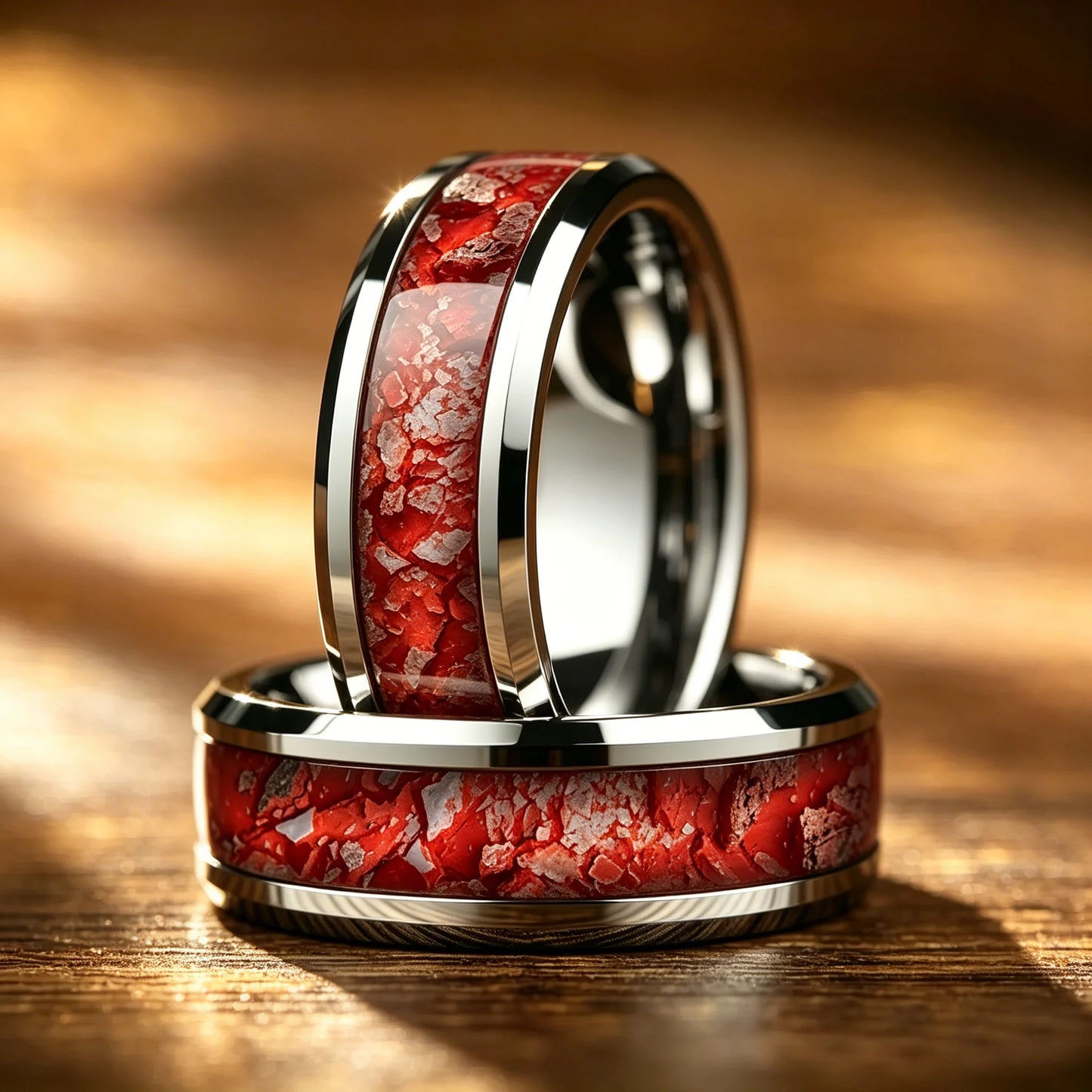 8mm Red White Stone Grain Stainless Steel Ring, Cool Promise Wedding Band for Men & Women, Comfort Fit, Wedding Band Jewelry