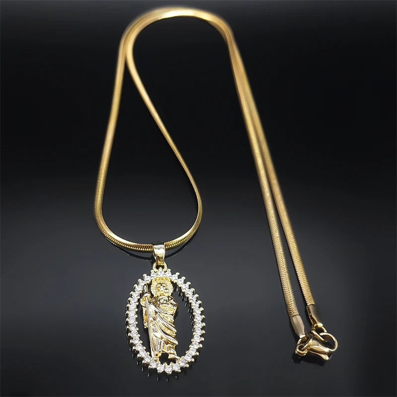 Saint St. Jude Thaddeus Zircon Shiny Necklace for Women Men Stainless Steel Gold Color San Judas Tadeo Necklaces Jewelry NGG43-4