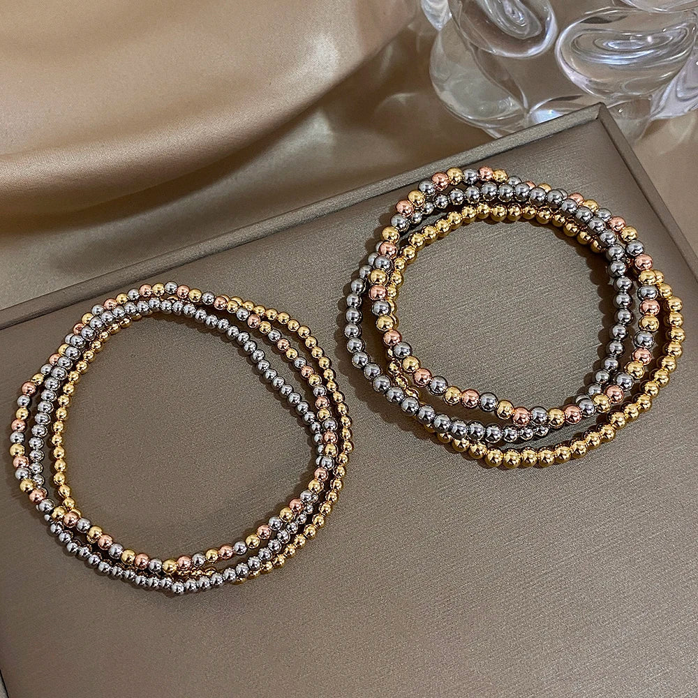 Greatera 3/4mm Stainless Steel Beads Elastic Bracelets for Women Gold Plated Tricolor Beaded Chain Bracelet Waterproof Jewelry