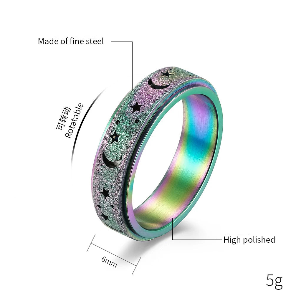 Fashion Rainbow Moon Star Anxiety Rings for Women Men Stainless Steel Fidget Ring Anti Anxiety Ring Stress Relief Spinner Ring