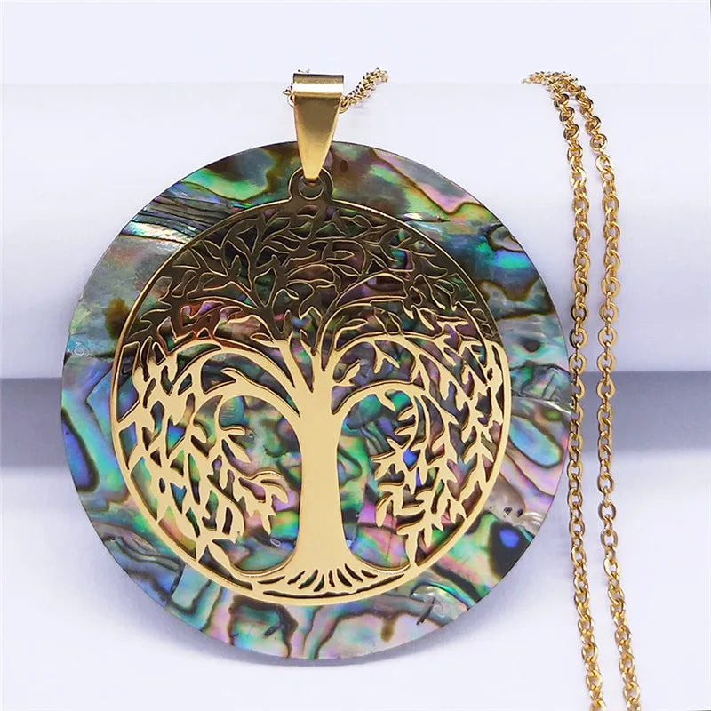 Tree of Life Stainless Steel Abalone Shell Natural Necklace Chain Gold Color Necklaces Mother Pearl Shell Boho Jewelry Collar NX