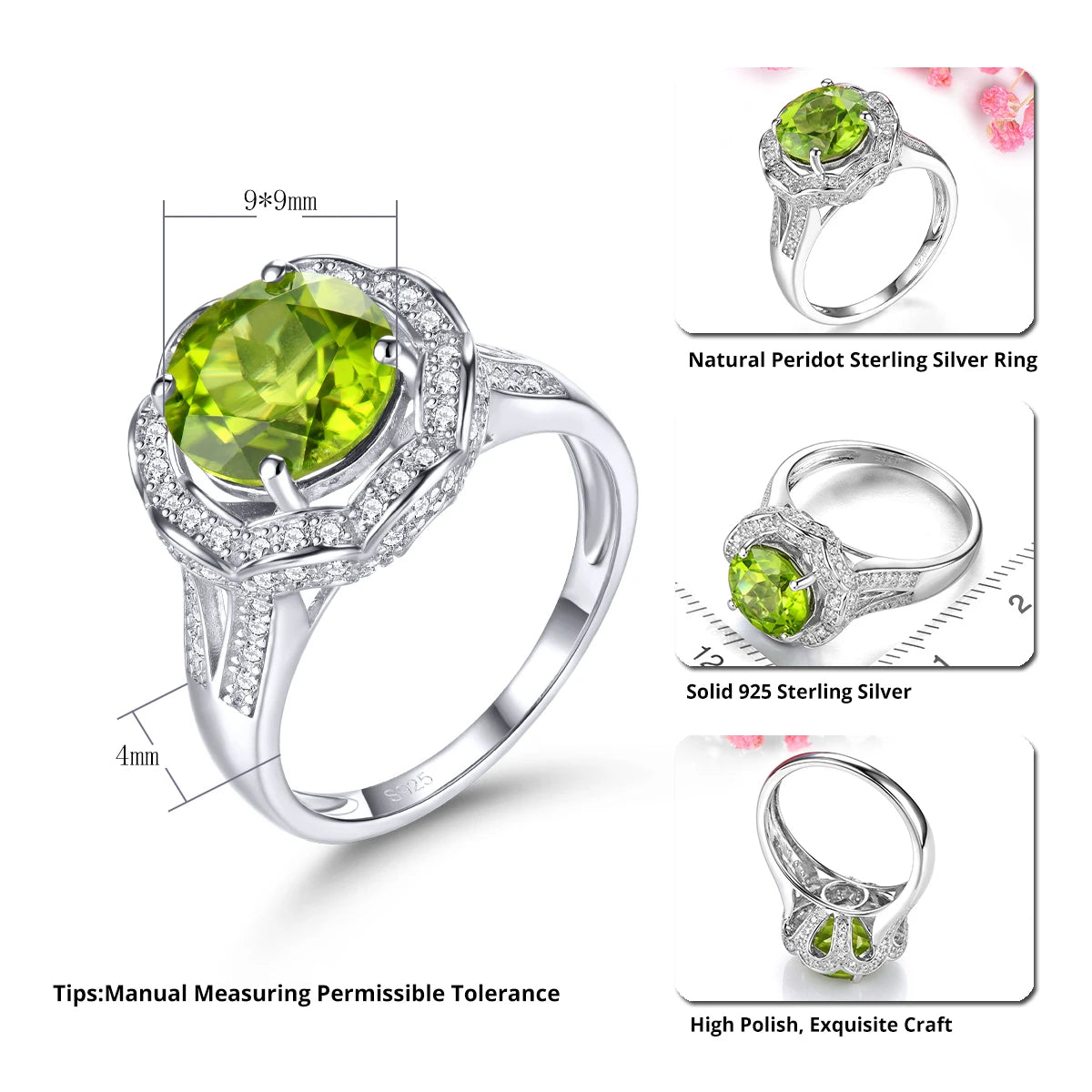 Natural Peridot Sterling Silver Ring 3.2 Carats Genuine Gemstone Women Classic Flower Design S925 Rhodium Plated Anniversary