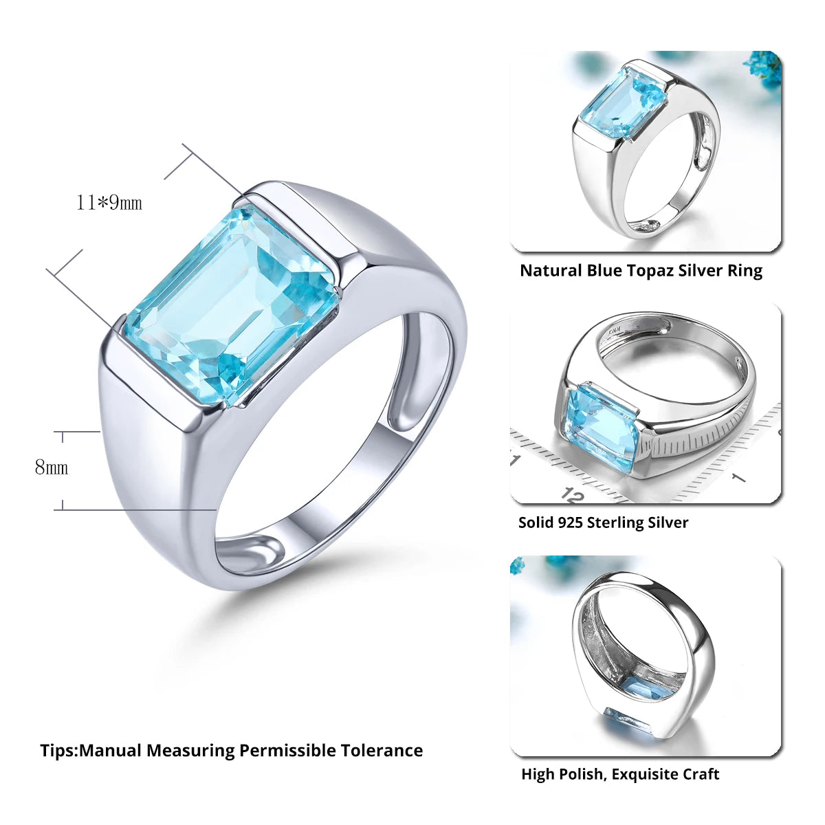 Natural Sky Blue Topaz Sterling Silver Rings 5.8 Carats Genuine Gemstone Topaz Unisex Classic Style Christmas New Year Celebrate