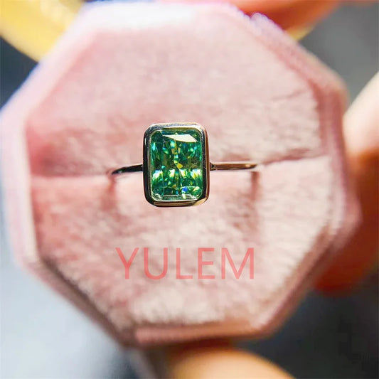 YULEM 2023 Newest 1Carat Pass Diamond Tester Green Moissanite Ring 925 Sterling Silver radiant Cut Vintage Stone Rings for Women