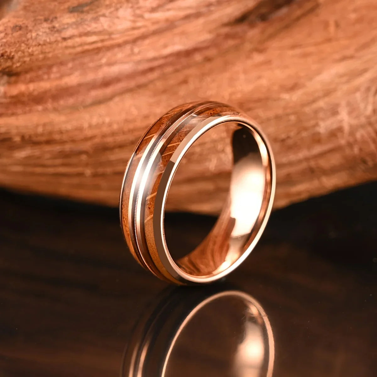 Rose Golden Ring, Inlaid Whiskey Barrel Wooden Grain Guitar String Men's Tungsten Steel Ring