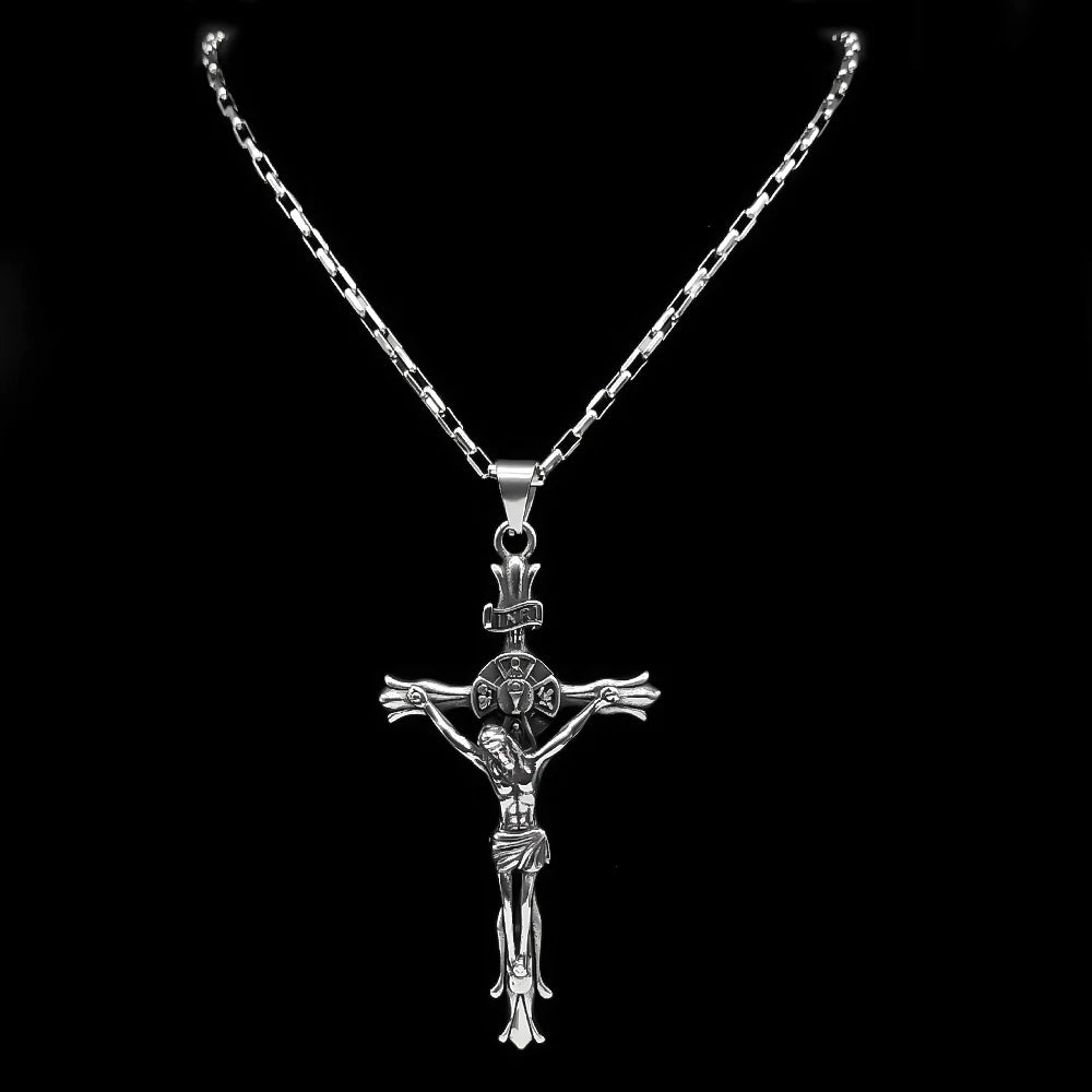 Christ Jesus Crucifix INRI Cross Big Pendant Necklace for Men Stainless Silver Color Hip Hop Chain Necklaces Amulet Jewelry