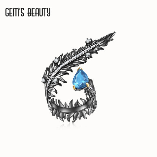 Gem's Beauty 925 Sterling Silver Rings For Women Bijoux Gift Female Adjustable Size Finger Rings Anillos Topaz Feather resizable