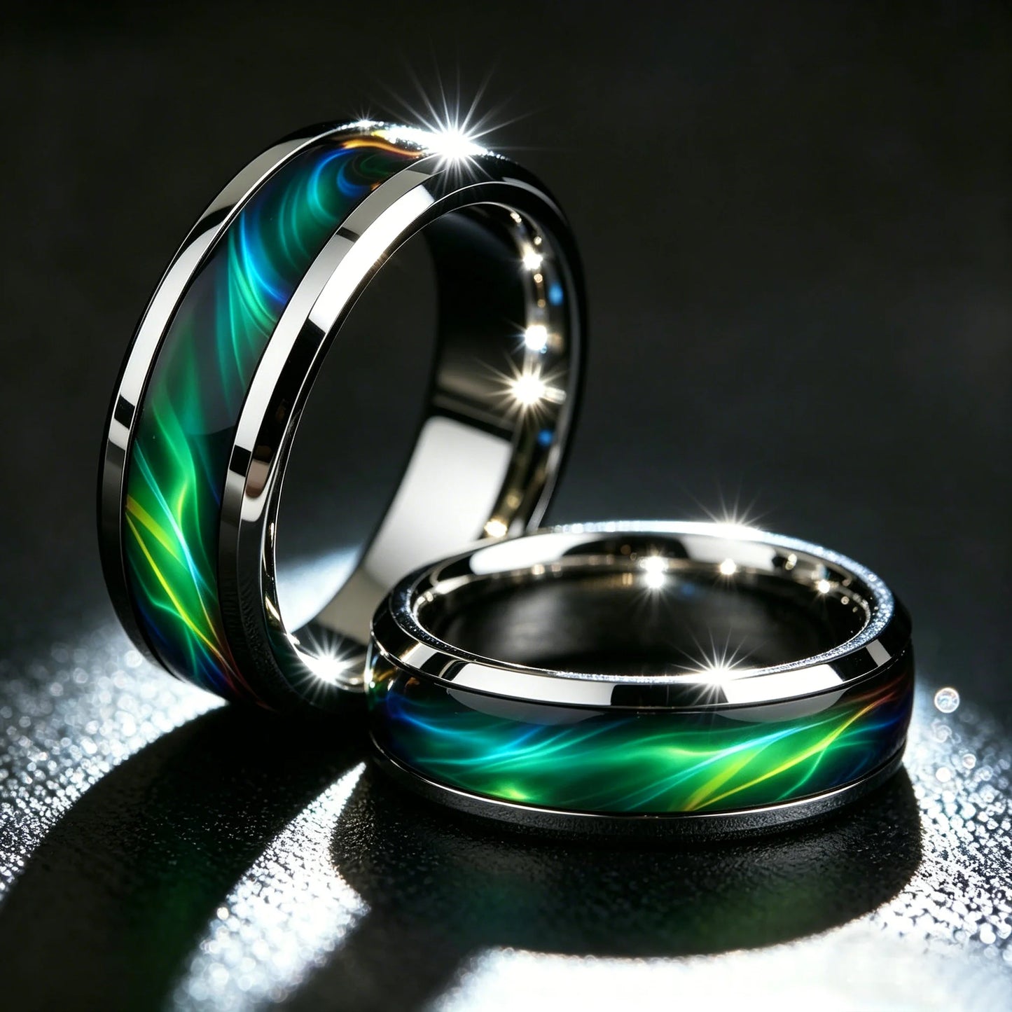 Men's Green Aurora Nebula Stainless Steel Ring, Silver Color Polished with Malachite Inlay, Punk Biker Jewelry Gift for Him