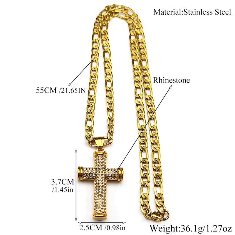 Christian Full Rhinestones JESUS CROSS Pendant Necklaces for Women Men Stainless Steel Gold Color Chain Amulet Necklace Jewelry