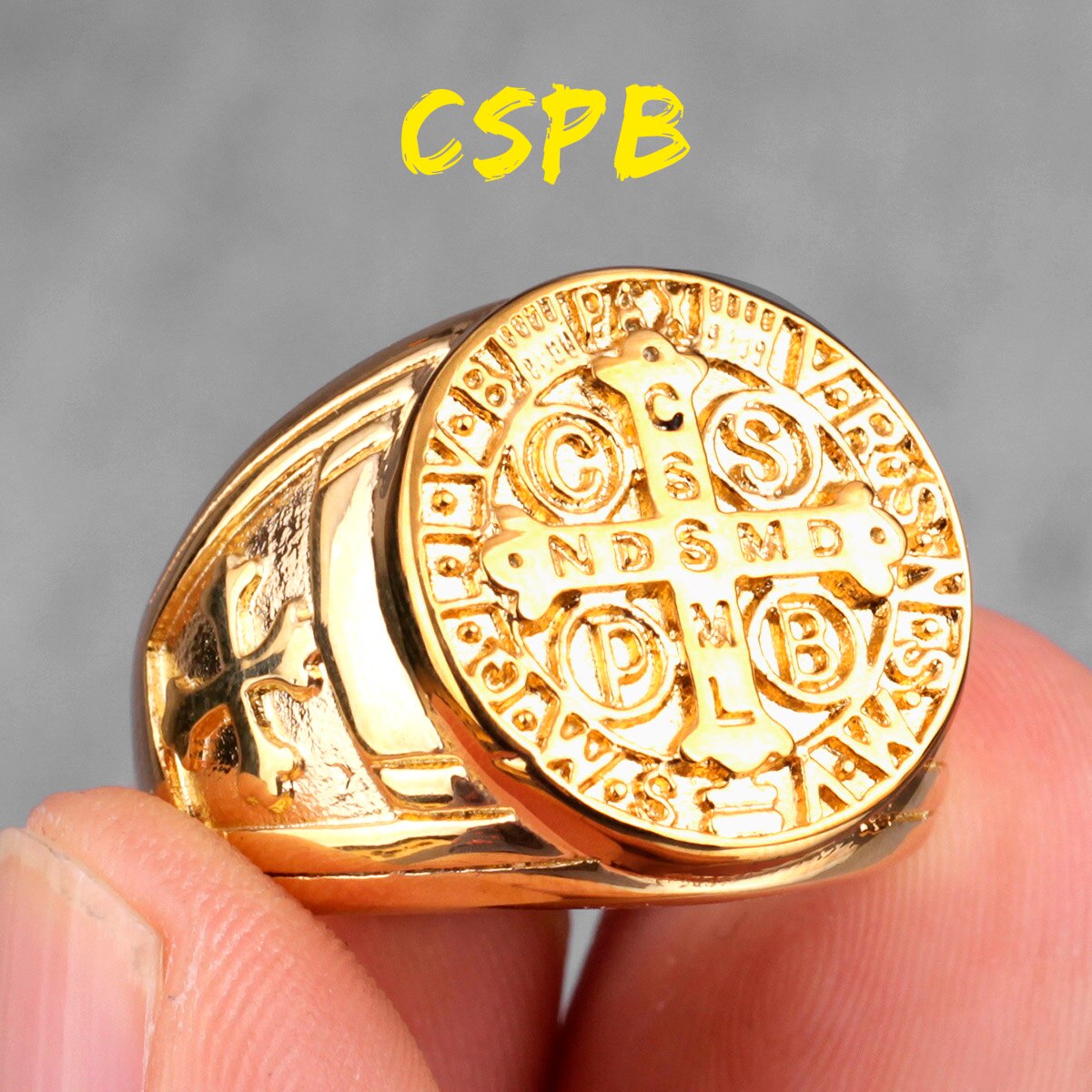 Exorcism Saint Benedict Cspb Cross Men Rings Punk Hip Hop for Boyfriend Male Stainless Steel Jewelry Creativity Gift R460-Gold