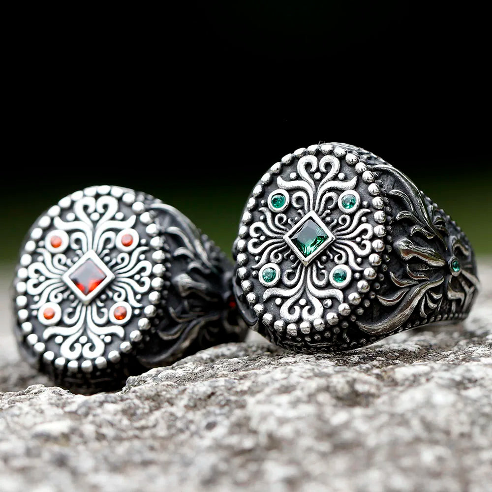 2022 New Unique Design Stainless Steel Turkish Stone Ring Vintage Pattern Men's Ring Retro National Style Jewelry Gift