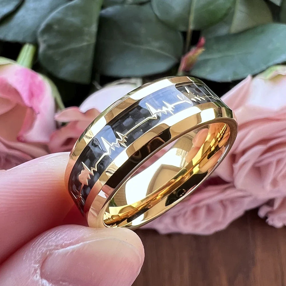 Fashion 8mm SilverBlue Carbon Fiber Heart Inlay Tungsten Carbide Engagement Rings Wedding Bands Domed Polished Shiny Comfort Fit